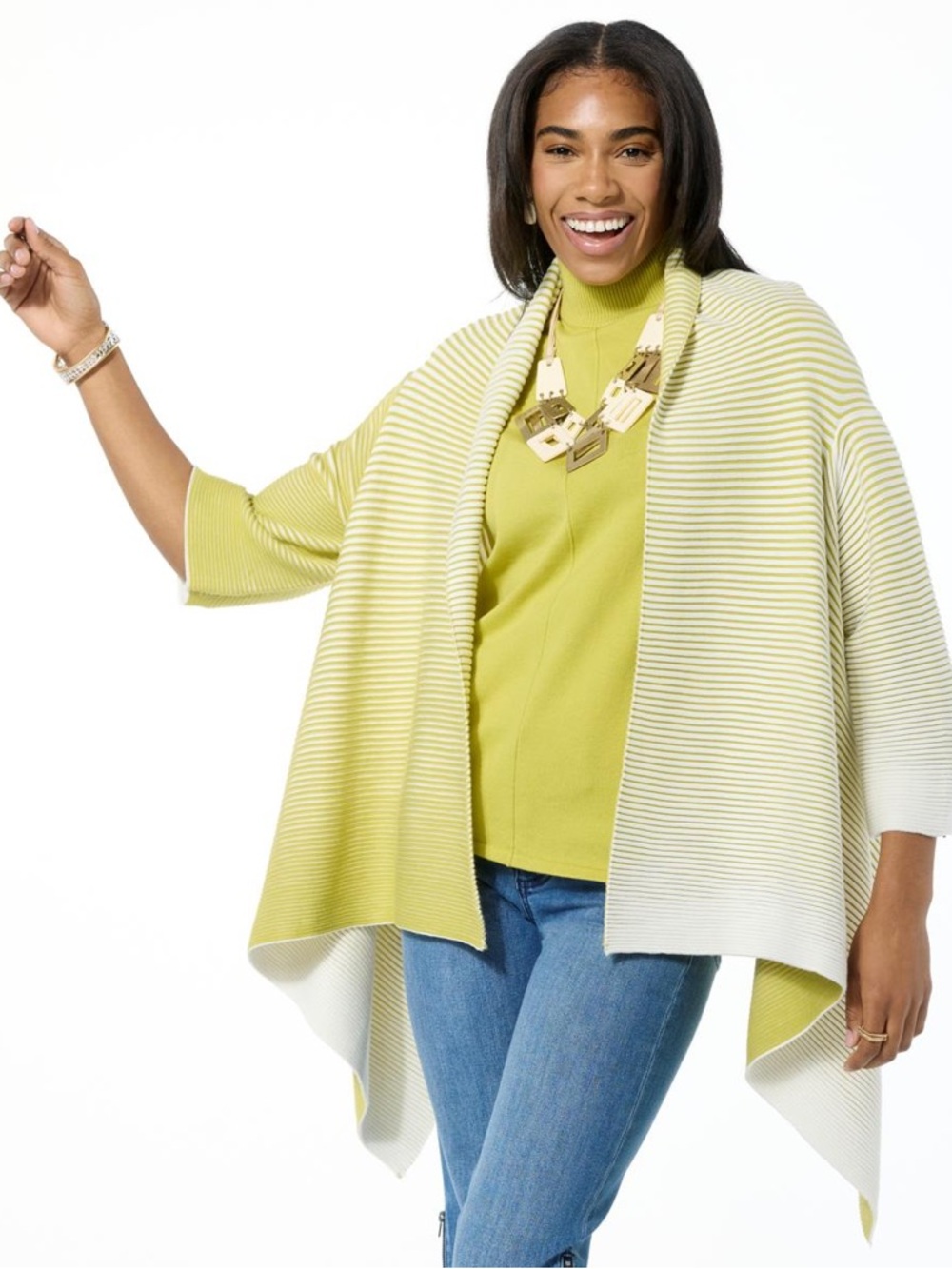 Striped Lime Green Open-Front Sweater Wrap